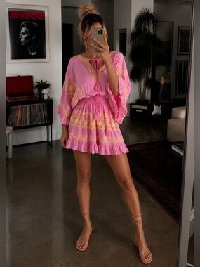 Pranella Pink & Yellow Embroidered Tassel Waist Kaftan Mini Dress Womens L/XL